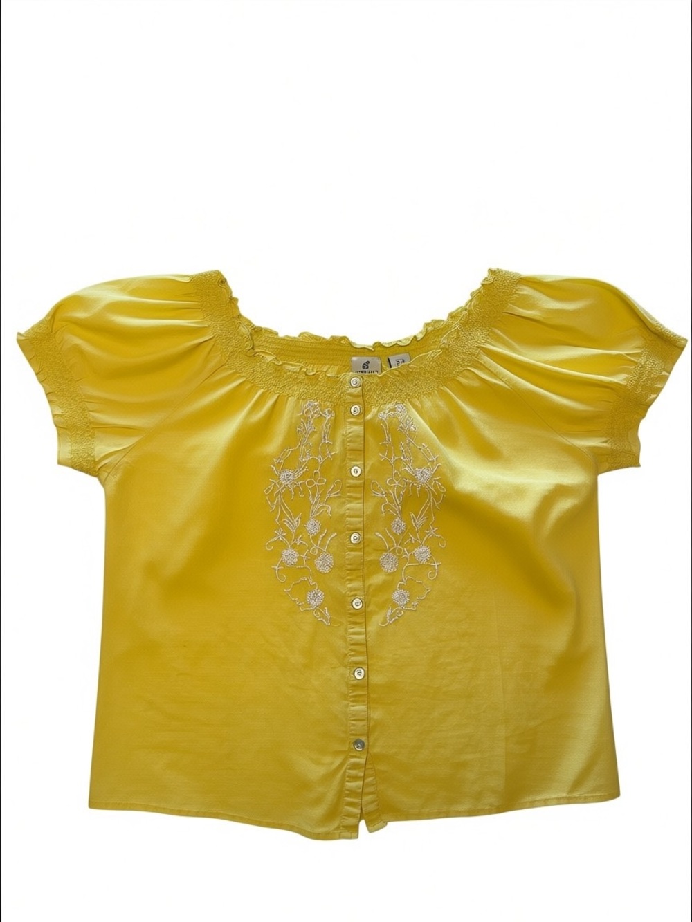 Cottage Core Butter Yellow Embroidered Button-Front Peasant Blouse Cap Sleeves